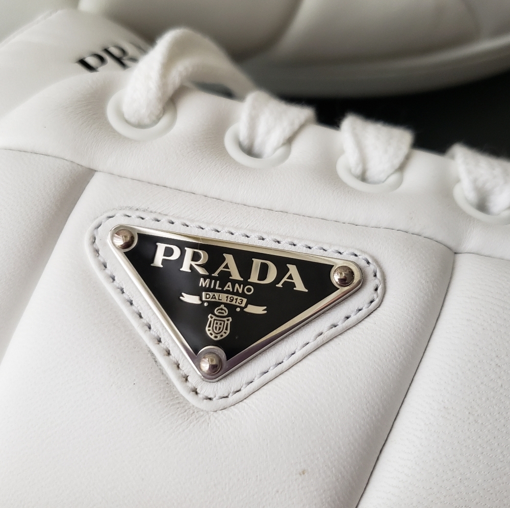 Prada Triangle Logo Padded Sneakers White Leather New - Picture 15 of 16